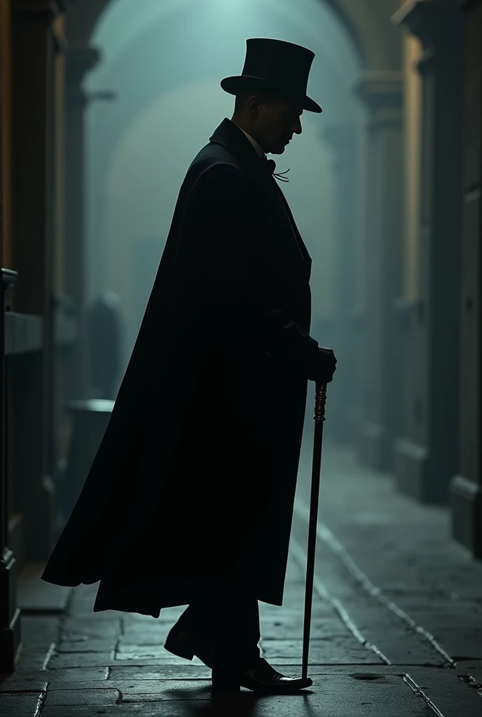 the profile shadow of a man walking, wearing cape, top hat and cane