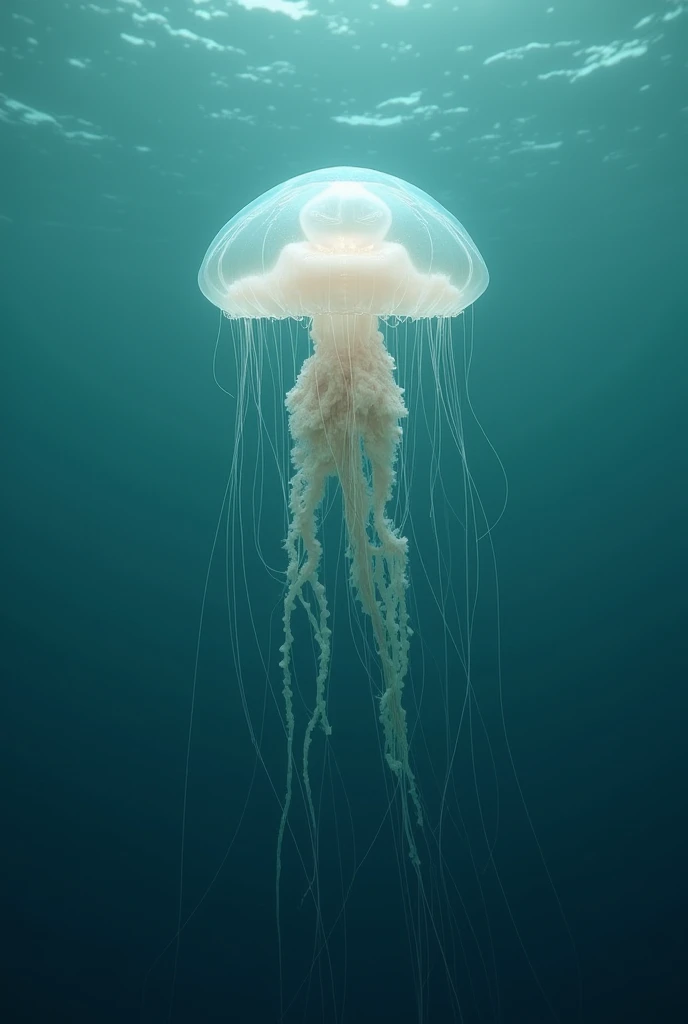 Jellyfish with a transparent, box-shaped body, its tentacles hang long in the clear sea water, looks scary but beautiful.