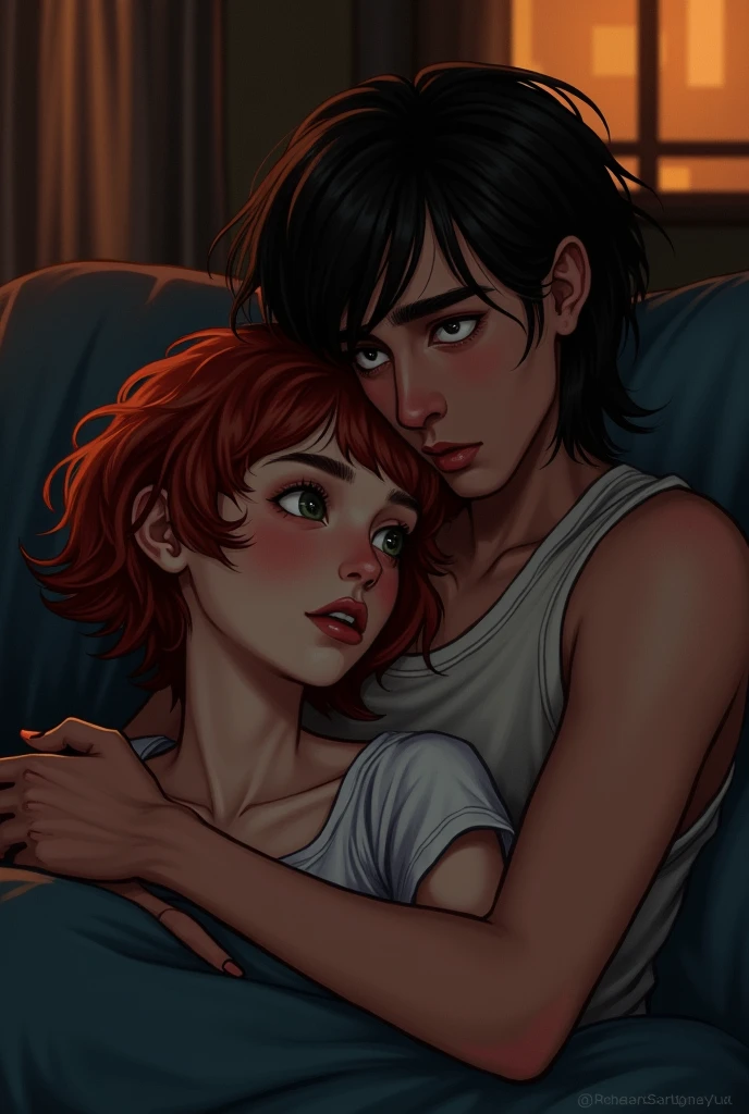 white girl, redhead with very short hair, drunk, while her boyfriend, a light tan boy, with long black hair, takes care of her