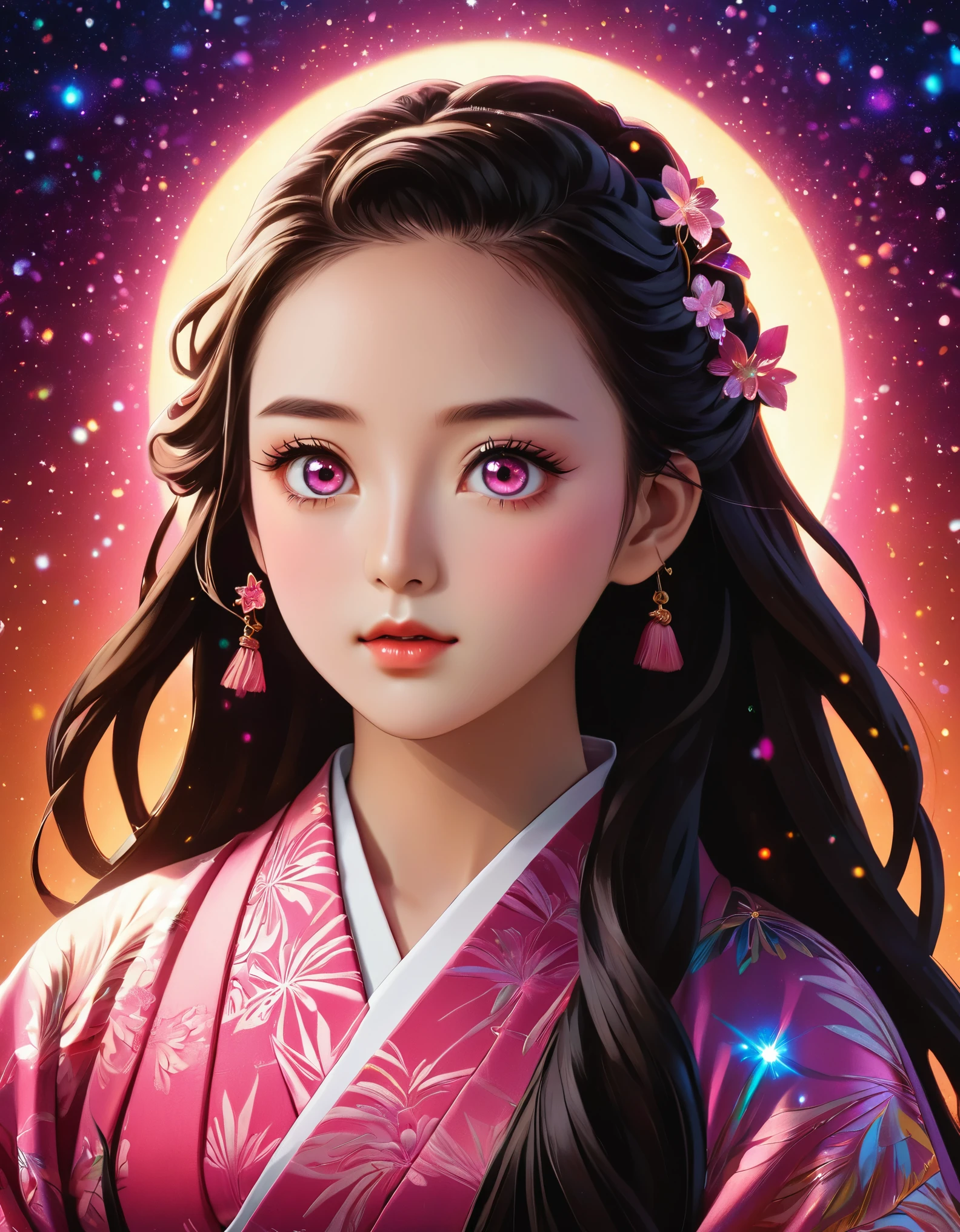 (masterpiece, best quality:1.2), Embossed paper, Solitary，Black LightNezuko from demon slayer. a young woman with long dark hair, (pink eyes), beautiful detailed eyes, beautiful detailed lips, extremely detailed face, longeyelashes, wearing a pink kimono, (best quality,4k,8k,highres,masterpiece:1.2),ultra-detailed,(realistic,photorealistic,photo-realistic:1.37),digital painting,exquisite detail,intricate details,highly detailed,vivid colors,warm lighting,cinematic lighting,dramatic lighting, iridescence, dramatic angle, space, (floating colorful sparkles:1.3), Dramatic Lighting, Chiaroscuro, Evocative Depth, Face Portrait, Close up, ulzzang, (looking at viewer), 
