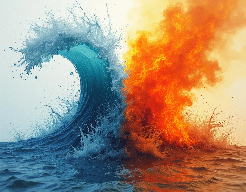 Split screen image, Divided image of [aqua+fire]. The right side of the image is a real photo that goes to the left as a simple hand draw sketch, realistic, detailed, dynamic atmosphere