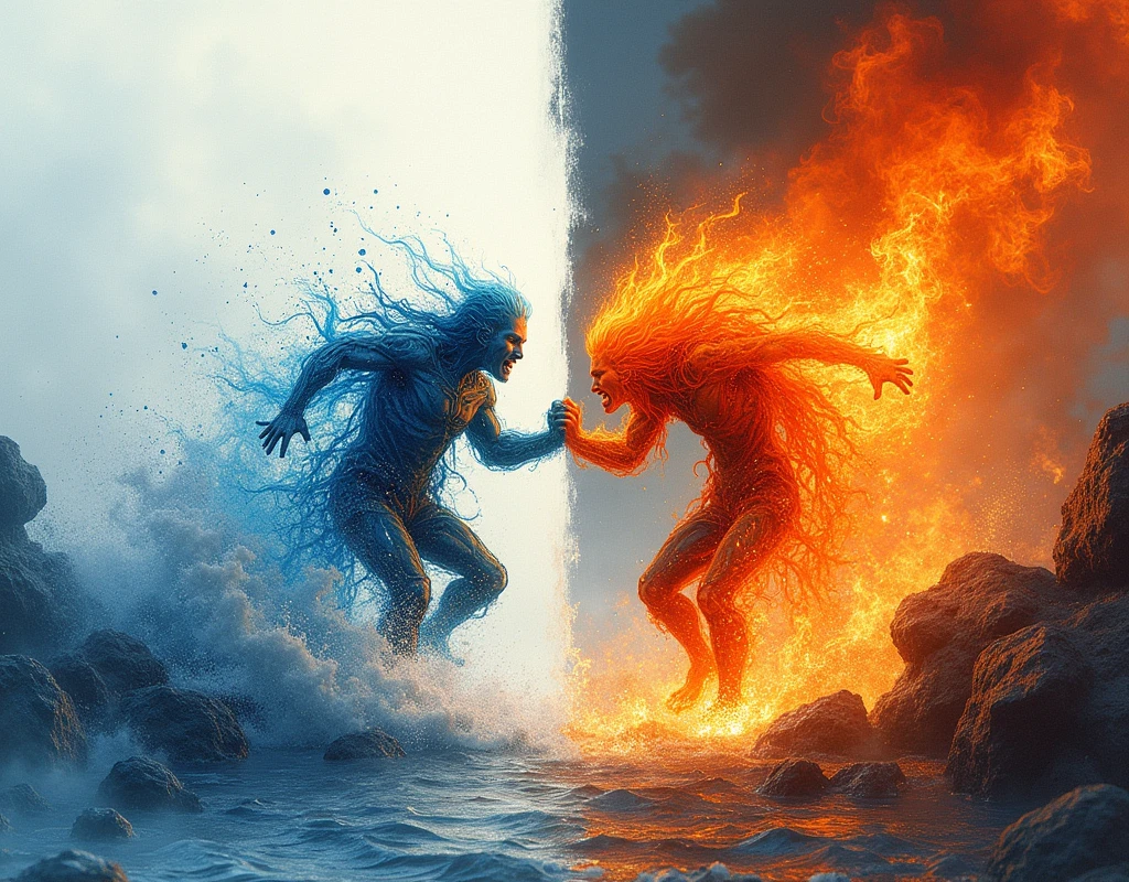 Split screen image, Divided image of [aqua+fire]. The right side of the image is a real photo that goes to the left as a simple hand draw sketch, realistic, detailed, dynamic atmosphere