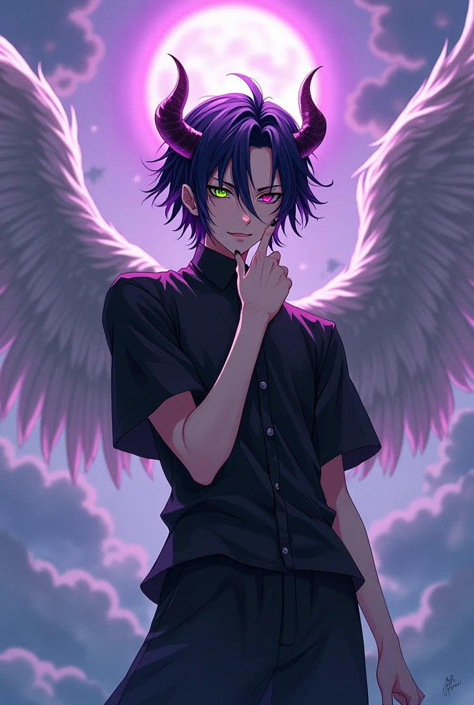 young male,black hair with violet tips,medium-length hair,gothic clothes, cold facial expression,green right eye and magenta left eye, black nails, violet halo,angelic wings between white and black and a pair of demonic horns.
With the pose of an angel descending from heaven.
realistic anime style.
