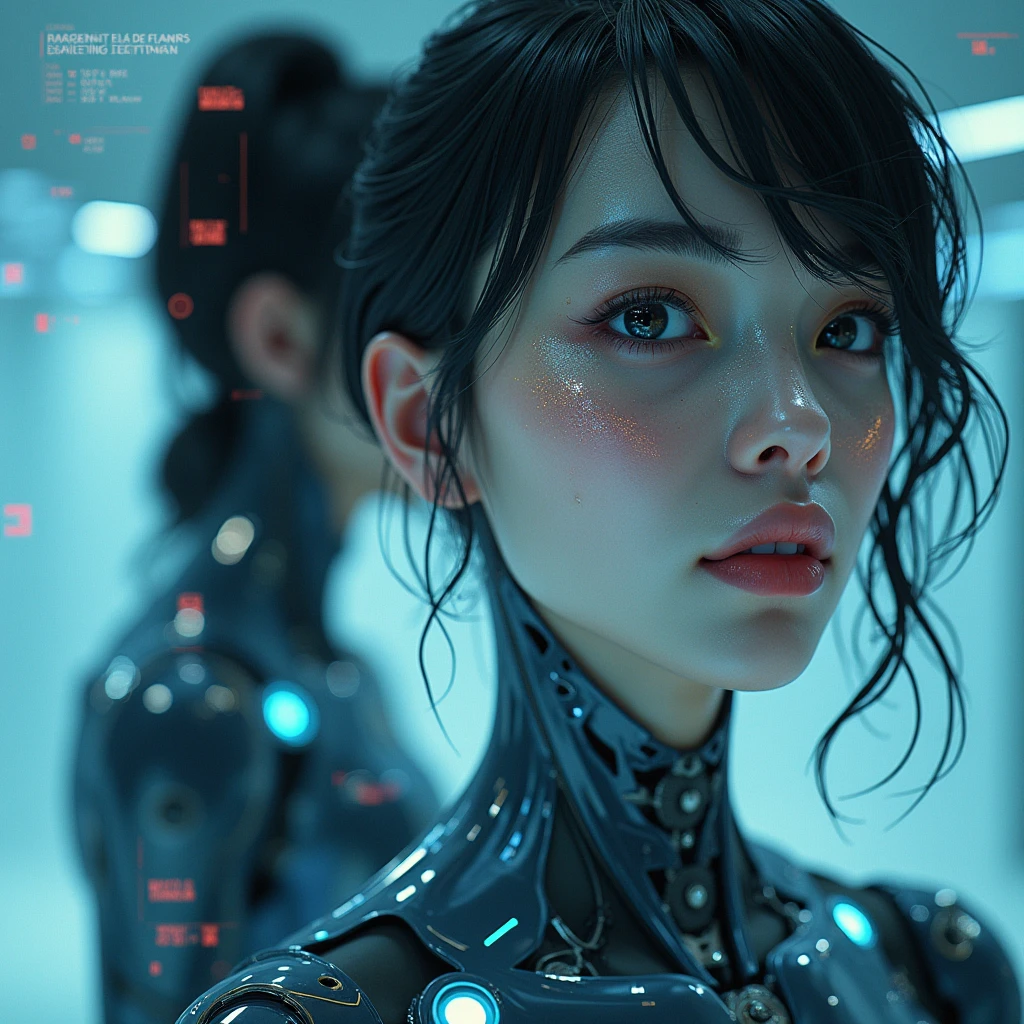 (work of art:1.2,exceptional quality,mirror-like,Cinematic experience,photorrealistic:2.0,RAW Photos:2.0,super verbose),8k,wall-paper,,(holographic representation:2.0),(hard edge:2.0),(beautfull woman:2.0),female cyborg,(female cyborgの設計図:2.0),(Draw the front and back views:2.0),(avant-garde design:2.0),(Drawing detailed plans:2.0),(Numerous notes on the settings:2.0),(beautiful face,gorgeous eyes,cute hair)