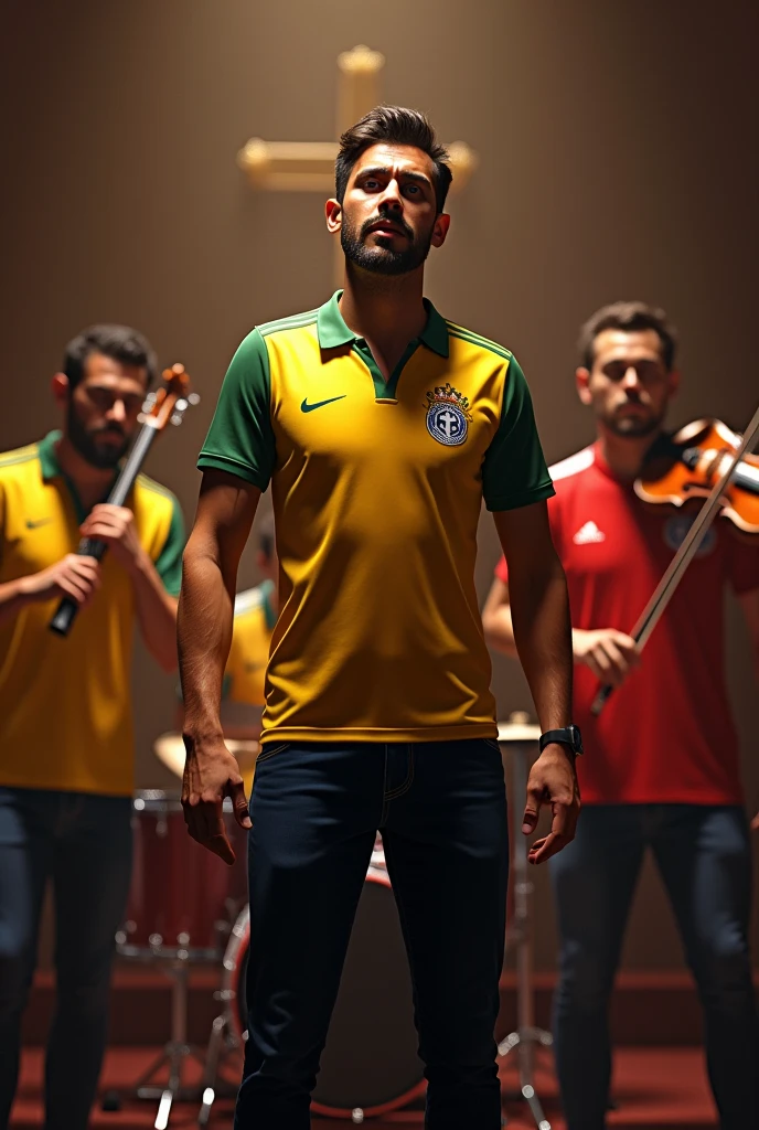 Create an image of a Catholic band with four members, each representing a different Brazilian soccer team. The lead vocalist, wearing a Vasco da Gama jersey, stands at the front with a confident expression. To his right, the keyboardist proudly wears a Flamengo jersey, playing with passion. On the left, the drummer, wearing a Botafogo jersey, is intensely focused on the rhythm. Finally, the violinist, wearing a Fluminense jersey, is positioned to the side, playing gracefully. The setting is a warm, intimate environment with subtle religious symbols, such as a cross or a rosary, to highlight the band's Catholic identity.