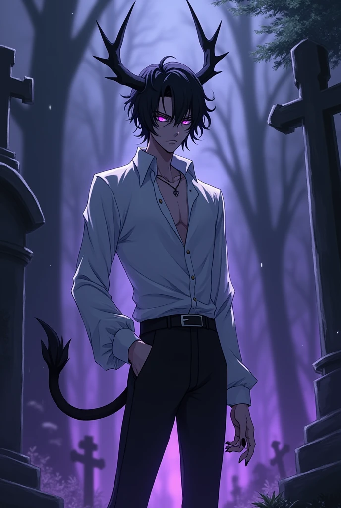 Anime serious man in his 25. He is skinny, tall, has black messy hair, glowy purple eyes, very pale skin. He also has black elk horns and a elk tail too. He is wearing a white victorian blouse with four buttons unmade, black pants. His nails are painted black. 

He is standing in a gothic cemetery at midnight and he has a subtle purple aura surrounding him 