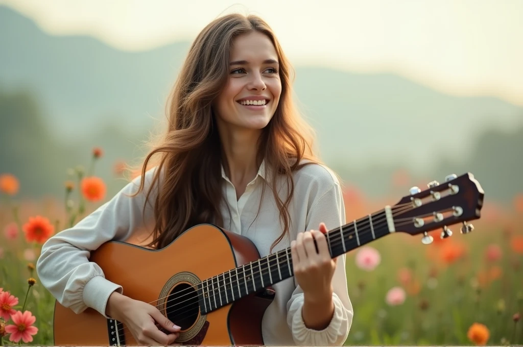 fot, taken from a distance that shows the entire body, She is very young, plein-air, in a flower garden, sexy short dress, medium hips, Caucasian skin, sad for a lost love, long brown hair, a softened wry smile - contained excitement, Soft lighting on your face, realistic skin-clothes-hair textures, sky blue eyes carpeted mist, beautiful real textures and delicate aesthetics, full body view, playing guitar, notable for natural feminine beauty, noise, 8 k quality, FOTO RAW, by professional photographer, rule of thirds, Extremely Detailed
