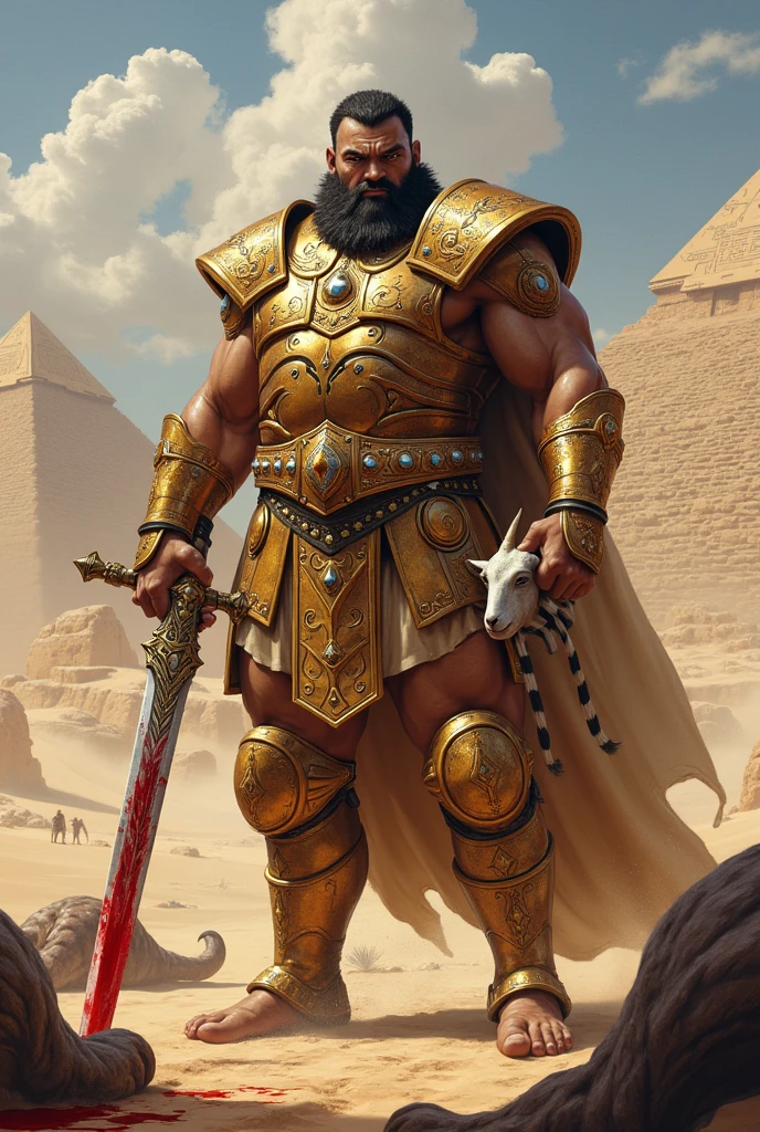 Create the image to use as a presentation in a medieval war game which must show a burly gladiator with his sword and goat's head in the desert with golden armor and decorations of jewels and diamonds, the sword must have the blood of his enemies, The background landscape is the desert with its Egyptian pyramids and corpses on the ground left by this character, the character's name Jajuli should be in the image in silver and diamond.