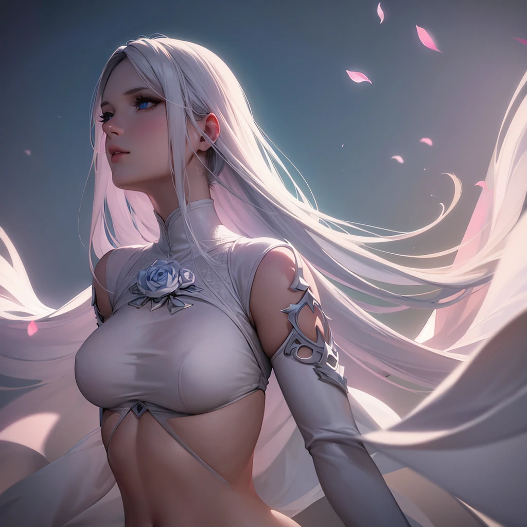 a white-skinned girl with white turtleneck, rose lips, blue eyes, white hair, highly detailed, photorealistic, 8k, masterpiece, volumetric lighting, cinematic lighting, chiaroscuro lighting, dramatic shadows, intricate detail, seamless, no blemishes, flawless skin, gorgeous, elegant, beautiful, graceful, serene, floating flower petals, ethereal background