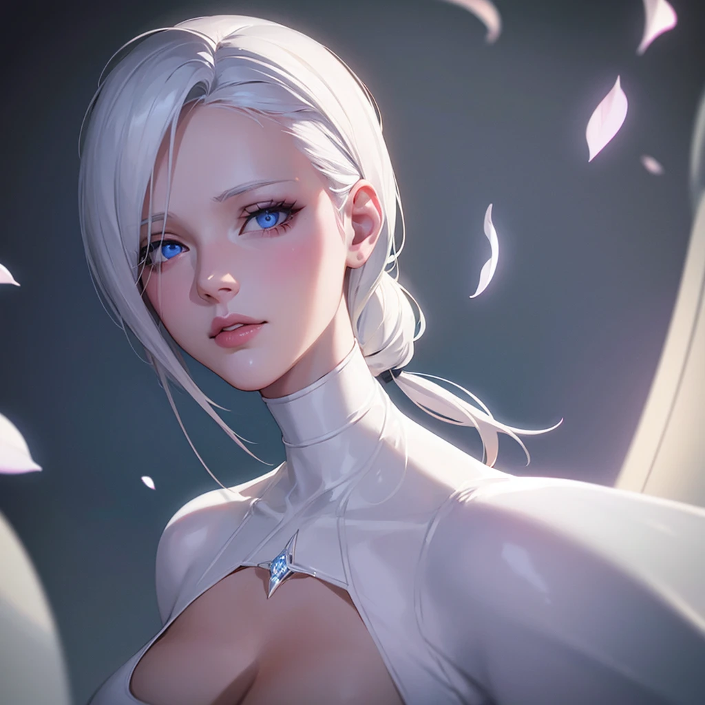 a white-skinned girl with white turtleneck, rose lips, blue eyes, white hair, highly detailed, photorealistic, 8k, masterpiece, volumetric lighting, cinematic lighting, chiaroscuro lighting, dramatic shadows, intricate detail, seamless, no blemishes, flawless skin, gorgeous, elegant, beautiful, graceful, serene, floating flower petals, ethereal background