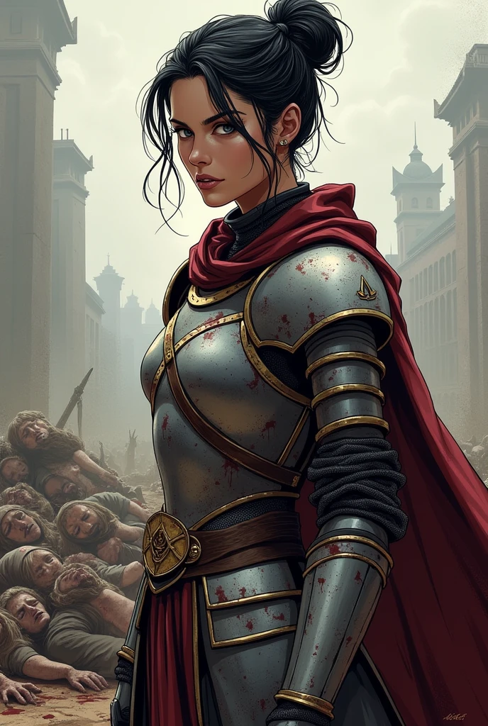 Jennifer carpenter as renaissance knight, with black hair in messy bun. Grey eyes. Has maroon cape. She is standing on the field. her ornate noble light armor with assassins creed emblem is very stained with blood. There is pile of dead renaissance bodies near her. Semi realistic comics style.