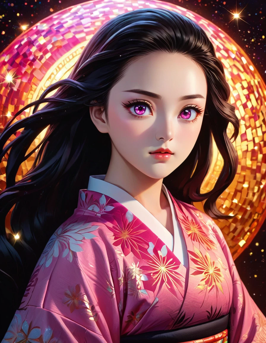 (masterpiece, best quality:1.2), Embossed paper, Solitary，Black LightNezuko from demon slayer. a young woman with long dark hair, (pink eyes), beautiful detailed eyes, beautiful detailed lips, extremely detailed face, longeyelashes, wearing a pink kimono, (best quality,4k,8k,highres,masterpiece:1.2),ultra-detailed,(realistic,photorealistic,photo-realistic:1.37),digital painting,exquisite detail,intricate details,highly detailed,vivid colors,warm lighting,cinematic lighting,dramatic lighting, iridescence, dramatic angle, space, (floating colorful sparkles:1.3), Dramatic Lighting, Chiaroscuro, Evocative Depth, Face Portrait, Close up, ulzzang, (looking at viewer),
