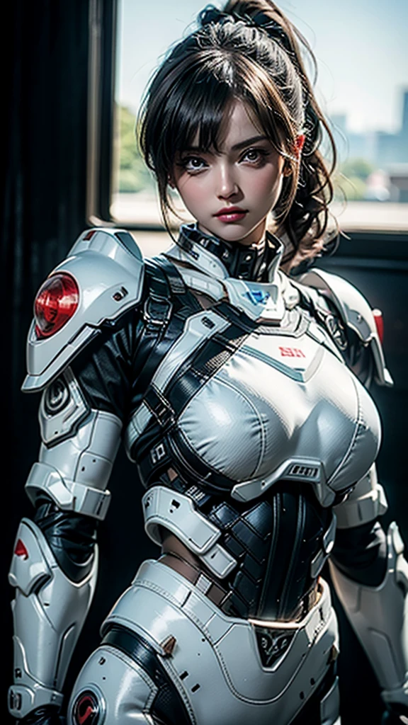 masterpiece, Highest quality, Ultra-realistic, Ultra-detailed, 8k resolution, RAW Photos, Sharp focus, (One person), alone, Gorgeous face, Perfect body, Mature Woman, Age 25,  Portraiture, Mecha, White Armor, Nanosuit, sexy, ponytail, Cinematic, Cinematic light, Large Breasts