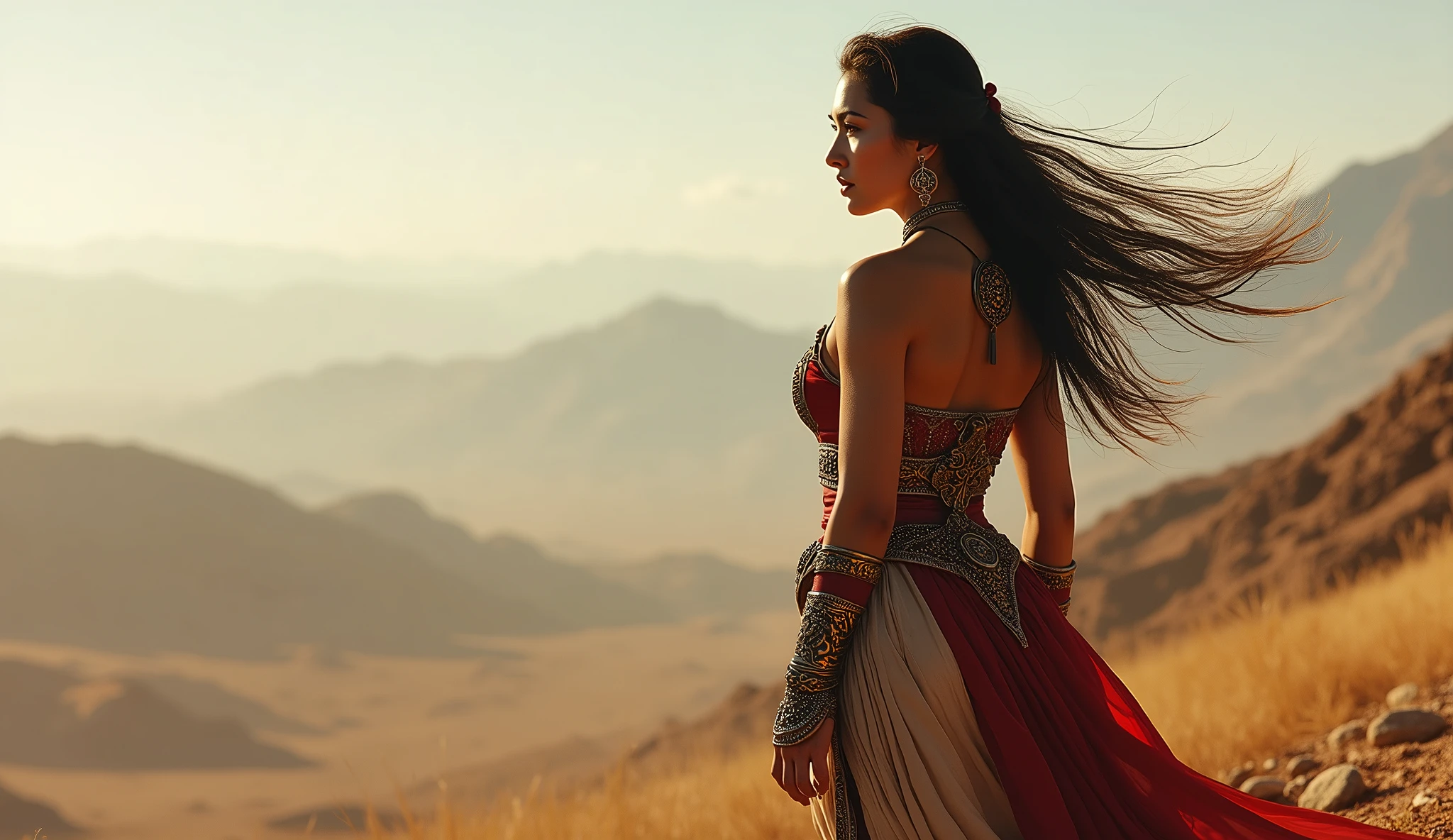 A beautiful Persian warrior woman, full hd, best quality, 1 girl, solo, beautiful, shapely, big hips, huge breasts, big ass, thick legs, a big slit showing part of her legs, sexy perfect legs showing, innocent , pure, delicate, proportional body, perfect body figure, cold face, long hair flying in the wind , Photos with depth, wind, (masterpiece), full hd, best quality, from the back, watching the landscape, perfect face, 1 girl, solo, Portrait of an ancient Persian warrior. (((Positioned towards the corner of the image)))
