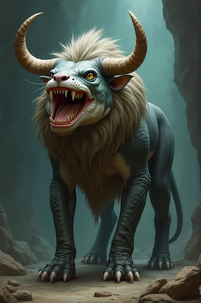 Create a cat with a shark's mouth, alligator legs, lion's mane, ox horns and a long beard