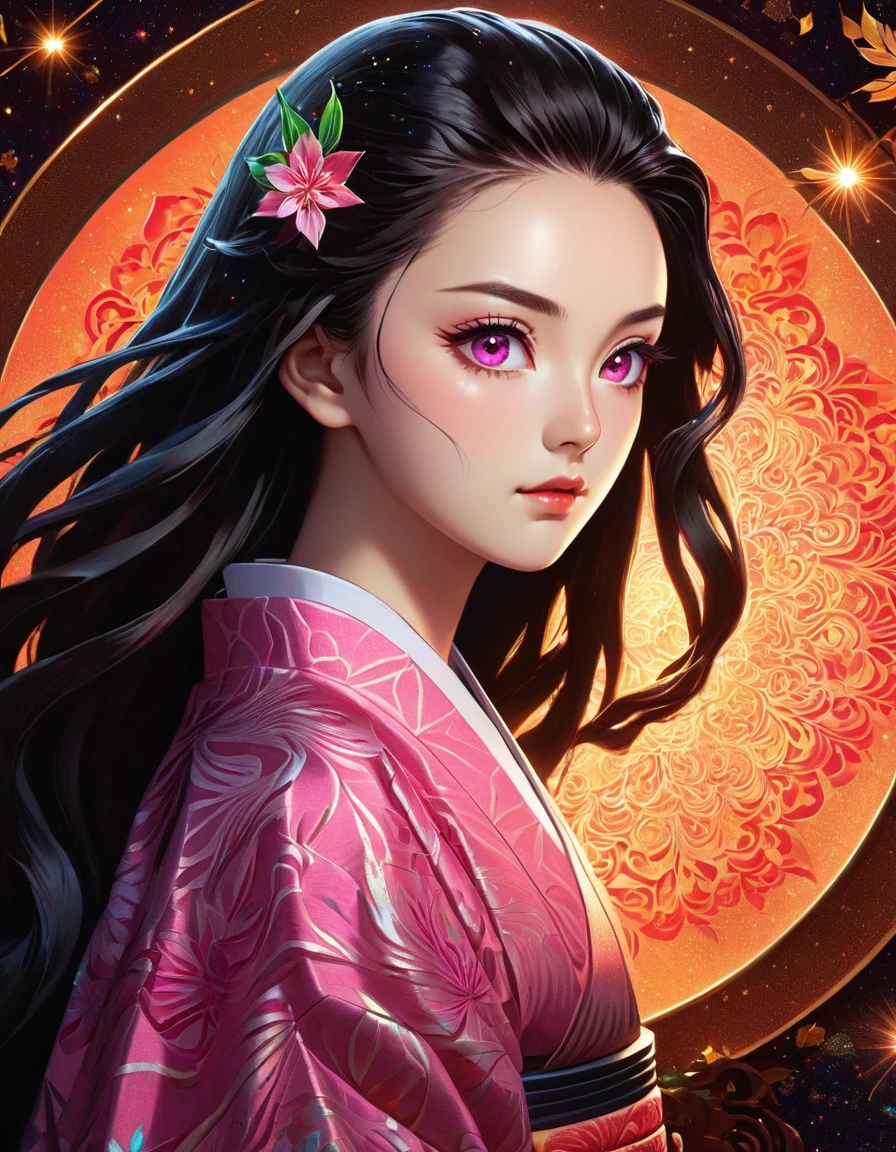 (masterpiece, best quality:1.2), Embossed paper, Solitary，Black LightNezuko from demon slayer. a young woman with long dark hair, (pink eyes), beautiful detailed eyes, beautiful detailed lips, extremely detailed face, longeyelashes, wearing a pink kimono, (best quality,4k,8k,highres,masterpiece:1.2),ultra-detailed,(realistic,photorealistic,photo-realistic:1.37),digital painting,exquisite detail,intricate details,highly detailed,vivid colors,warm lighting,cinematic lighting,dramatic lighting, iridescence, dramatic angle, space, (floating colorful sparkles:1.3), Dramatic Lighting, Chiaroscuro, Evocative Depth, Face Portrait, Close up, ulzzang, (looking at viewer),
