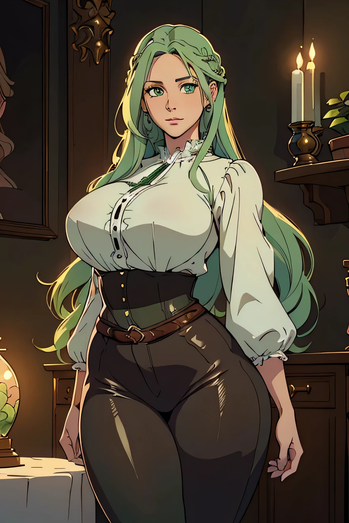 Cute Farmgirl with Braids. ((Woman with light green hair, milf woman, long hair)), Perfectly round face. Beautiful cute face, Big beautiful voluptuous lips, charming beauty, ((gentle expression on your face)), ((Beautiful Big, detailed green eyes)), Waist slender, Broad ???? ((adventurous outfit, black blouse, leather pants, waist long)) (highy detailed)),offcial art, Award-winning digital painting, digital illustration, extreme detail, 4K, ultra HD, Rococo, polished, Intricate, realistic fantasy art, sharp focus, conceptual artwork, arte por WLOP, artgerm, (2D vector illustration) Light, airy, hourglass figure. ellie bamber
