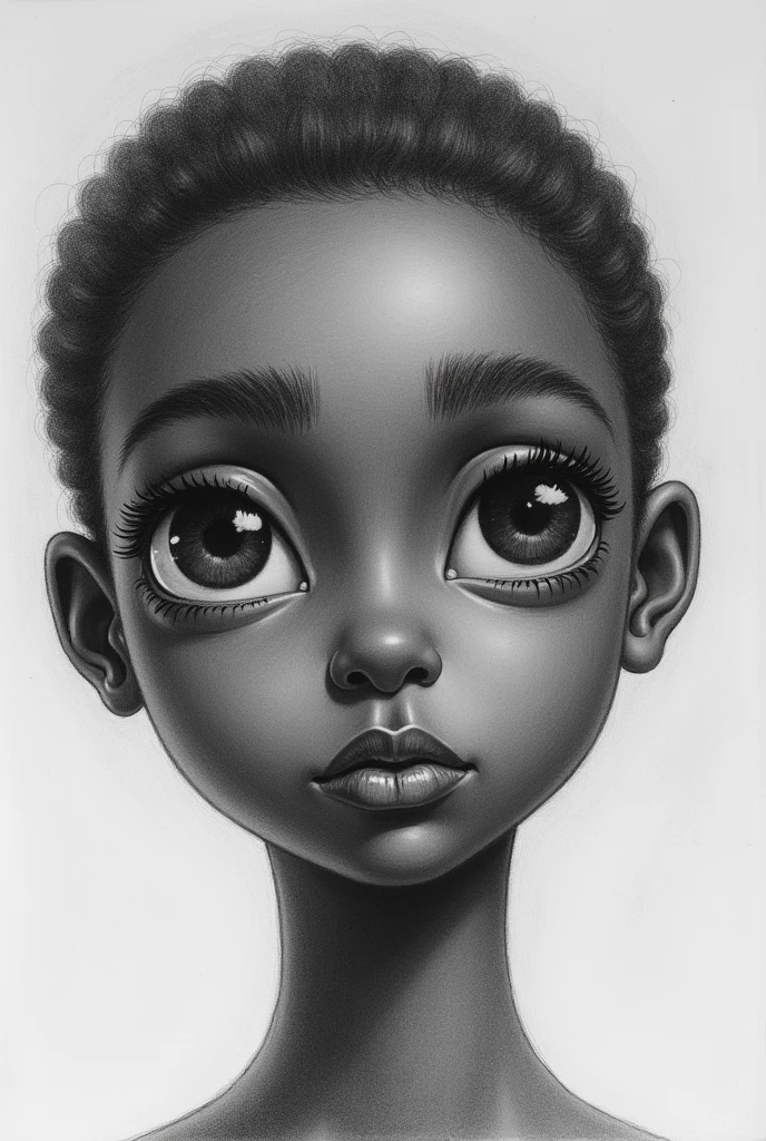 A pencil drawing of a really thin almond eye and round brows black skin