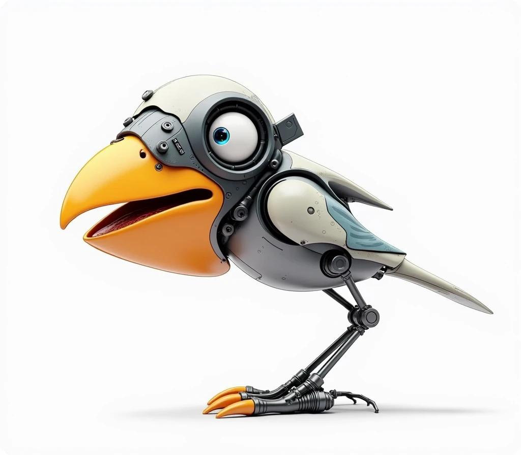 A 3D image with a robotic appearance of this crow with an orange tip and tired and hangover eyes, the image is like a science fiction movie.
