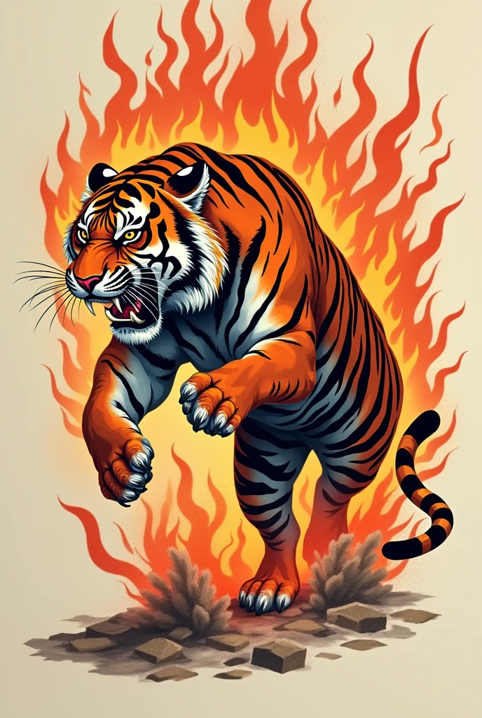 Tattoo of a landing tiger, with the front paw resting on the ground and the other almost landing, both back legs are in the air. The tiger has flames around its body, and you can see your whole body.