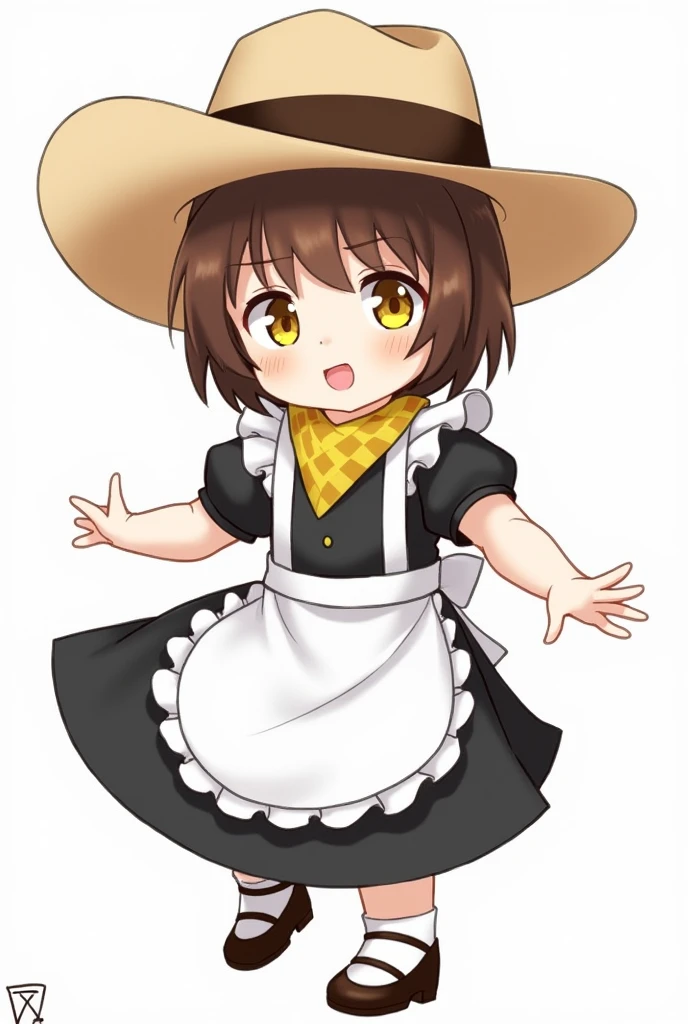 Clover is a human child of fair complexion and short brown hair. Official art portrays Clover with yellow irises.
Clover wears a maid costume colored black and white, presumably denim, They wear a pair of brown shoes and a light brown cowboy hat with a dark brown hatband. Around their neck, Clover sports a yellow bandana with maid costume dot pattern (though some official art depicts it as a checkered blue and yellow bandana and handed a gun he is dressing maid costume