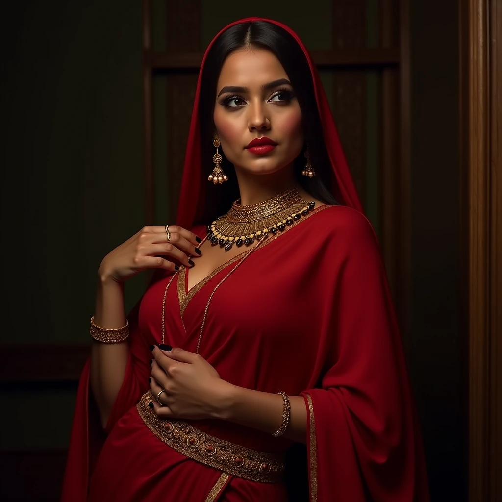 a beautiful busty indian hijabi muslim milf,red saree,gold waist chain,hair covering,navel visible,detailed face and eyes,photorealistic,masterpiece,(best quality,4k,8k,highres,ultra-detailed,realistic,photo-realistic:1.37),cinematic lighting,intricate jewelry,ornate,dramatic shadows,vibrant colors