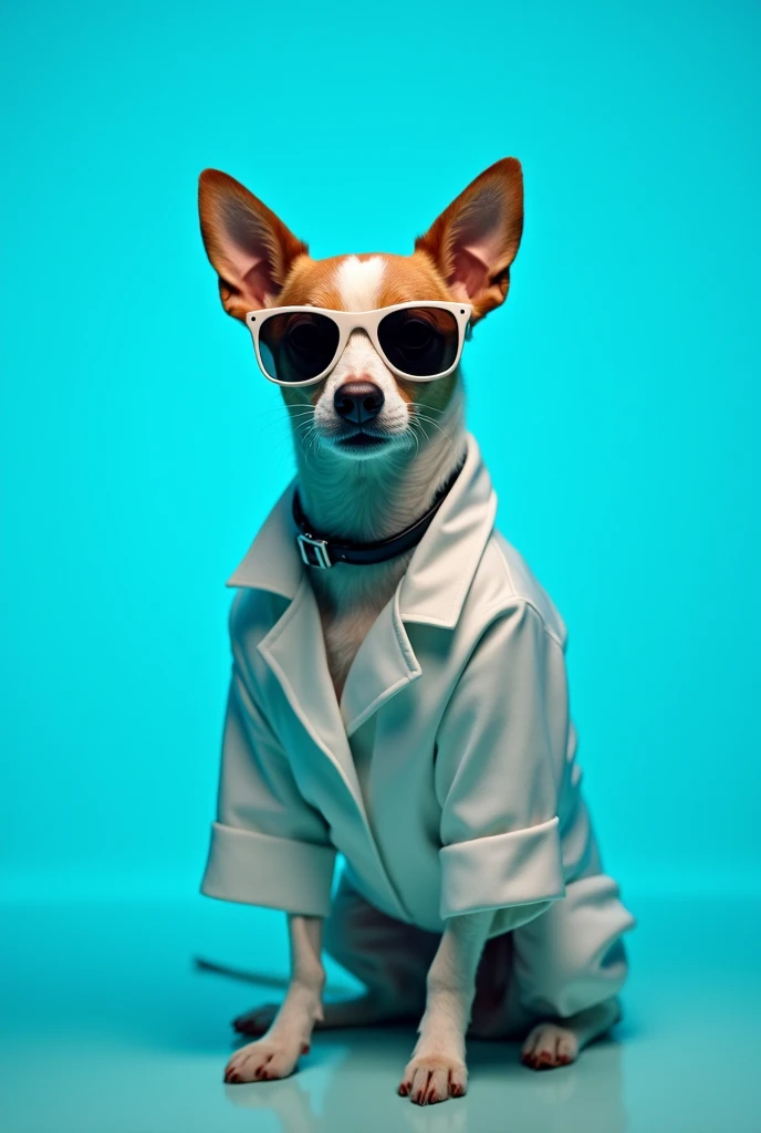 The best cell phone wallpaper, Award-Winning Wallpaper, portrait photography, In the front view is a portrait of a cute dog wearing mid-1960s space age fashion, Side view photo, Shot with Canon EOS R5, Set a strong contrast that accentuates the subject, Fluorescent blue tone, Wearing a very modern coat and sunglasses is a modern 1960s style, Clothes all in one color, beautiful background