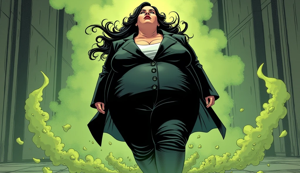 long haired beautiful morbidly obese female mob boss in her 20s, wearing a black suit, farting, olive green gas coming out of her buttcheeks, comic artstyle