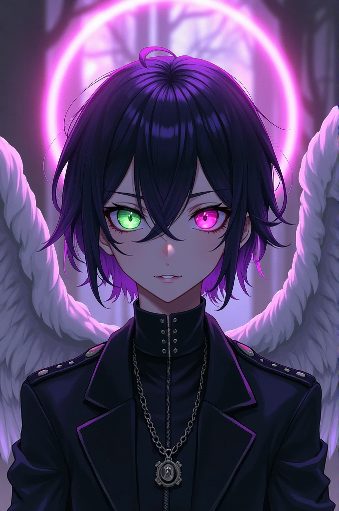 Create a Young Male,black hair with violet tips,medium-length hair,gothic clothes, cold facial expression,green right eye and magenta left eye, black nails, violet halo,angelic wings between white and black and a pair of demonic horns.
realistic anime style.