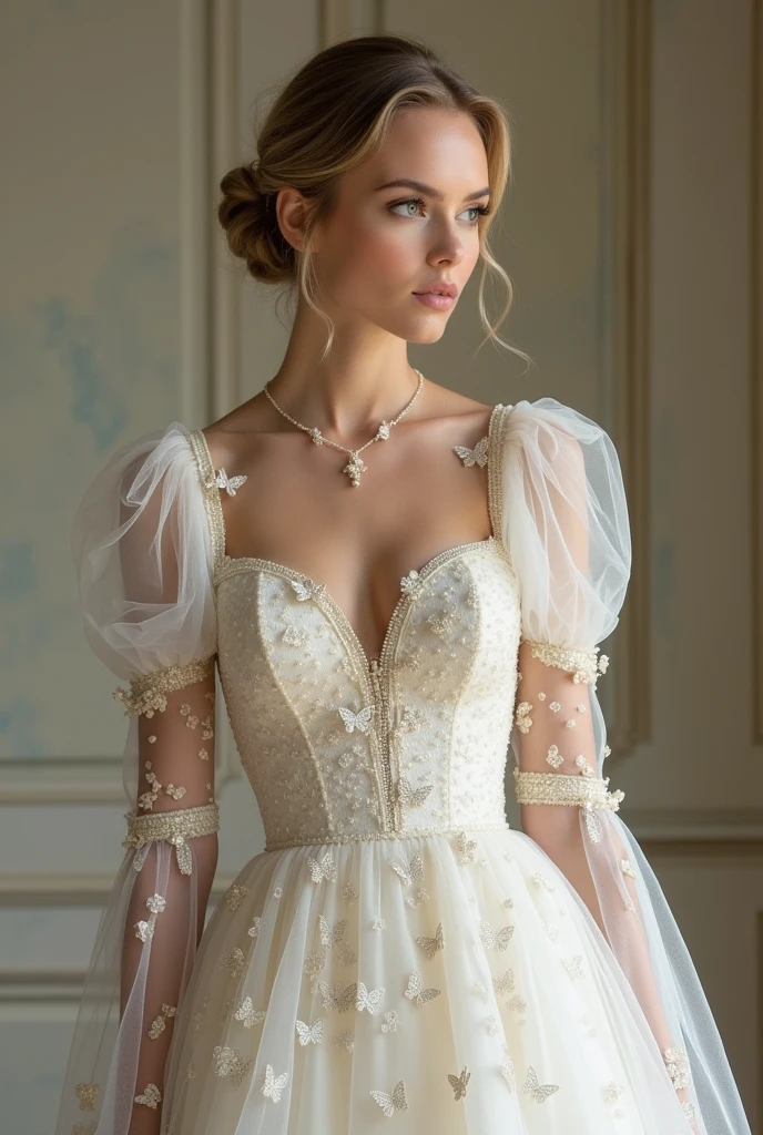 A wedding dress:
Fabric: Silk that enhances your body without being tight, transitioning into netting below the waist.
Fit: The dress shows off your curves while remaining comfortable and not overly tight.
Sleeves: Puff sleeves that are off the shoulders, draping down to the biceps with a trail of netting adorned with pearls hanging from both sleeves.
Neckline: Adorned with pearls, seamlessly integrating into the netting.
Skirt: The silk transitions into netting below the waist, embellished with delicate embroidery of butterflies and pearls.
cover the upper body and don't make the skirt see-through, keep the rest of the dress same and keep the sleeves
make a longer picture show the entire dress
make the neckline less revealing and add embroided butterflies on the skirt
don't make the skirt see-through keep the rest of the dress same
cover up the chest, keep the rest of the dress