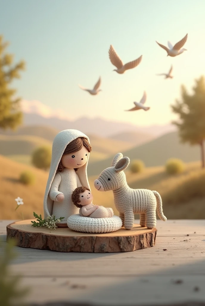 A holy family in light-colored amigurumi, with the donkey and on a wooden log, with a rural landscape in the background, with birds flying and on a grey table
