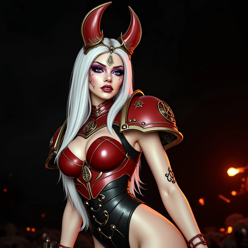 Full body pose sexy sisters of battle from the warhammer 40k, wounded in war, blood covered, shooting at the enemy, red space marine armor with intricate details, white space marine armor with intricate details, symbols on the armor, sisters of battle, warhammer 40k, Massive exposed silicone breast, pale skin, seductive, temptation, eat your soul, clevage, long white flowing hair, long black flowing hair with purple highlights, heavy gothic makeup, at night, neon, beautiful detailed eyes, beautiful detailed lips, extremely detailed eyes and face, long eyelashes, highly detailed space marine armor, intricate futuristic laser weaponry, dramatic lighting, cinematic composition, muted color palette, gritty and realistic, mecha, science fiction, hyper-detailed, photorealistic, award winning digital art, 8k, HDR, masters work, in the middle of a battle field, explosions and fire around, full war, stunning, cinematic, shooting at the enemy