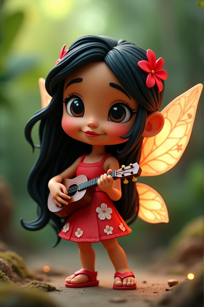 C4D model, a chibi-style fairy version of Lilo Stitch, with dark black hair styled in long, wavy strands, wearing her iconic red dress with white hibiscus flower patterns. Her wings are translucent with a tropical floral design, glowing softly with warm colors. She holds a small ukulele, and her expression is playful and curious. Her shoes are simple red sandals, capturing her carefree island spirit.