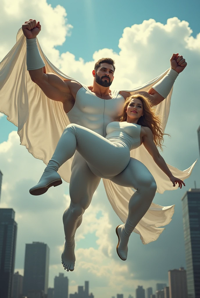 make a white superhero saving a blonde chubby woman, he is flying with her 