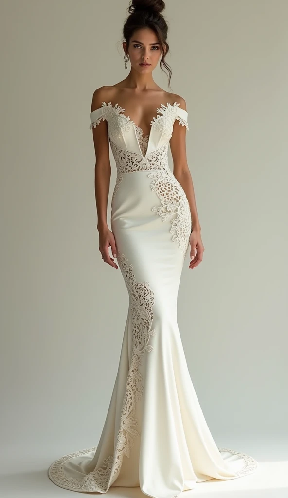 Haute_Couture beautiful American woman posing in a huge dress, in the style of intricate cut-outs, ruslan lobanov, meticulous attention to detail, ivory, briana mora, hand-painted details, streamlined design