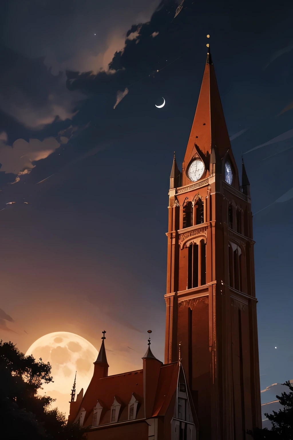 a bell tower and a tower seen from below, clouds, red enamel moon surrounded by white, night sky clouds near the moon, village, night, surreal atmosphere.
