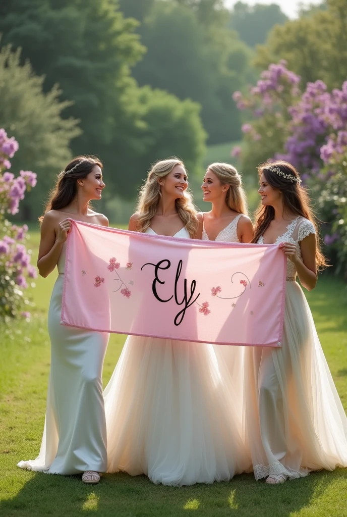 Create video of women in wedding dress holding banner with name Ely and background of image in green and purple