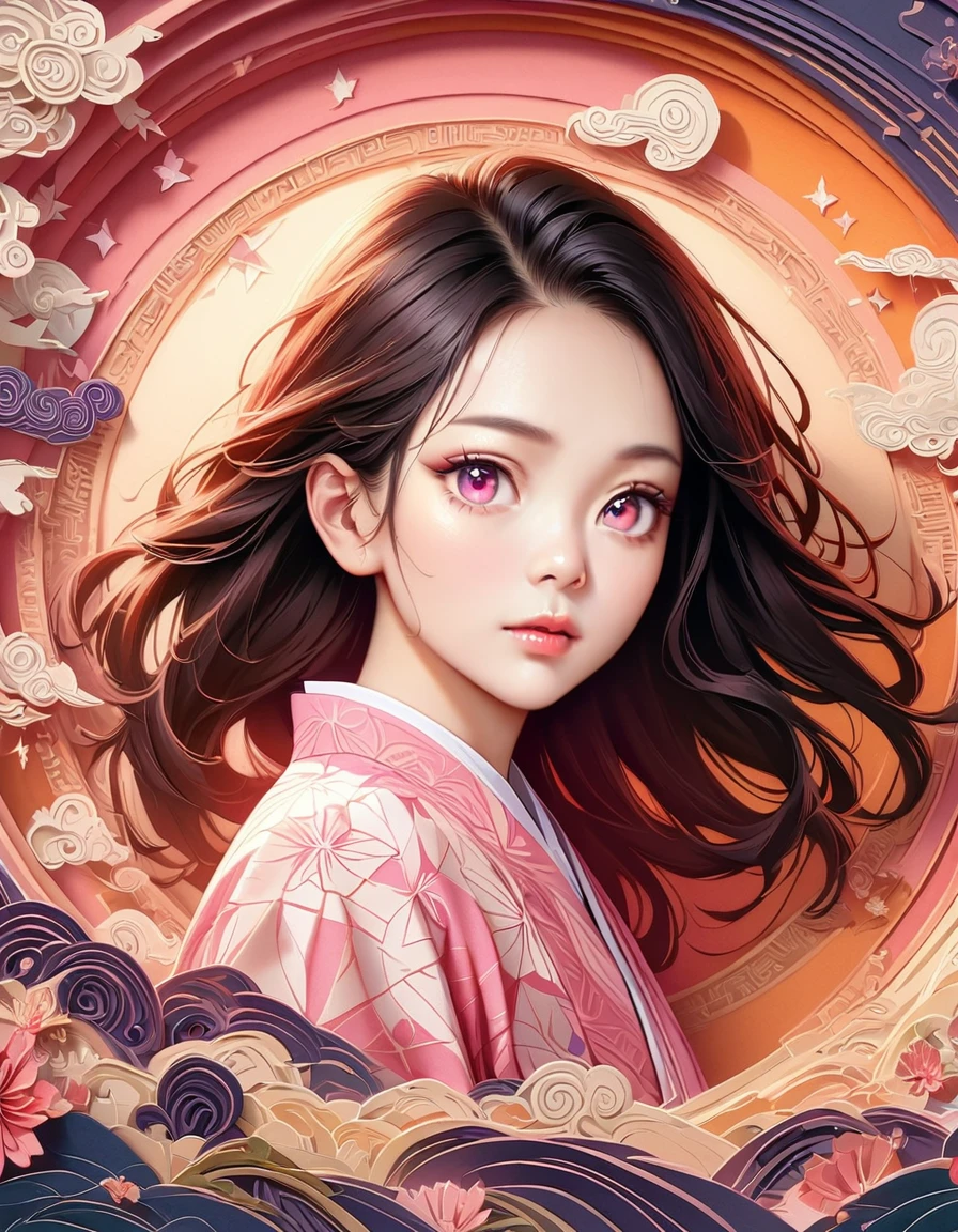 (masterpiece, best quality:1.2), Embossed paper, Solitary，Black LightNezuko from demon slayer. a young woman with long dark hair, (pink eyes), beautiful detailed eyes, beautiful detailed lips, extremely detailed face, longeyelashes, wearing a pink kimono, (best quality,4k,8k,highres,masterpiece:1.2),ultra-detailed,(realistic,photorealistic,photo-realistic:1.37),digital painting,exquisite detail,intricate details,highly detailed,vivid colors,warm lighting,cinematic lighting,dramatic lighting, iridescence, dramatic angle, space, (floating colorful sparkles:1.3), Dramatic Lighting, Chiaroscuro, Evocative Depth, Face Portrait, Close up, ulzzang, (looking at viewer), 
