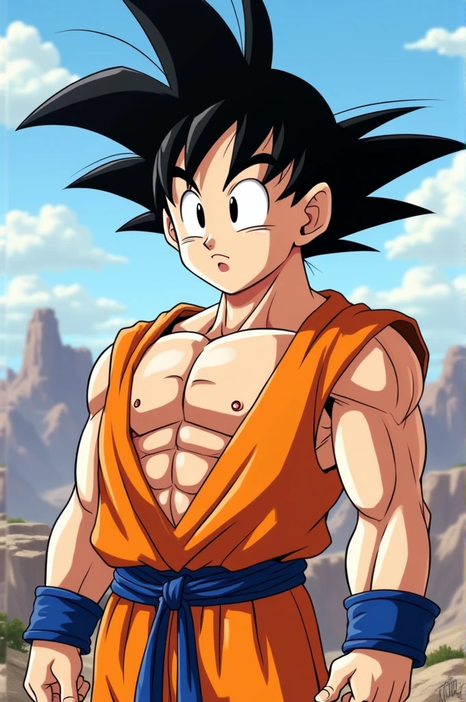 Make a picture of Goku naked with big fat testicles