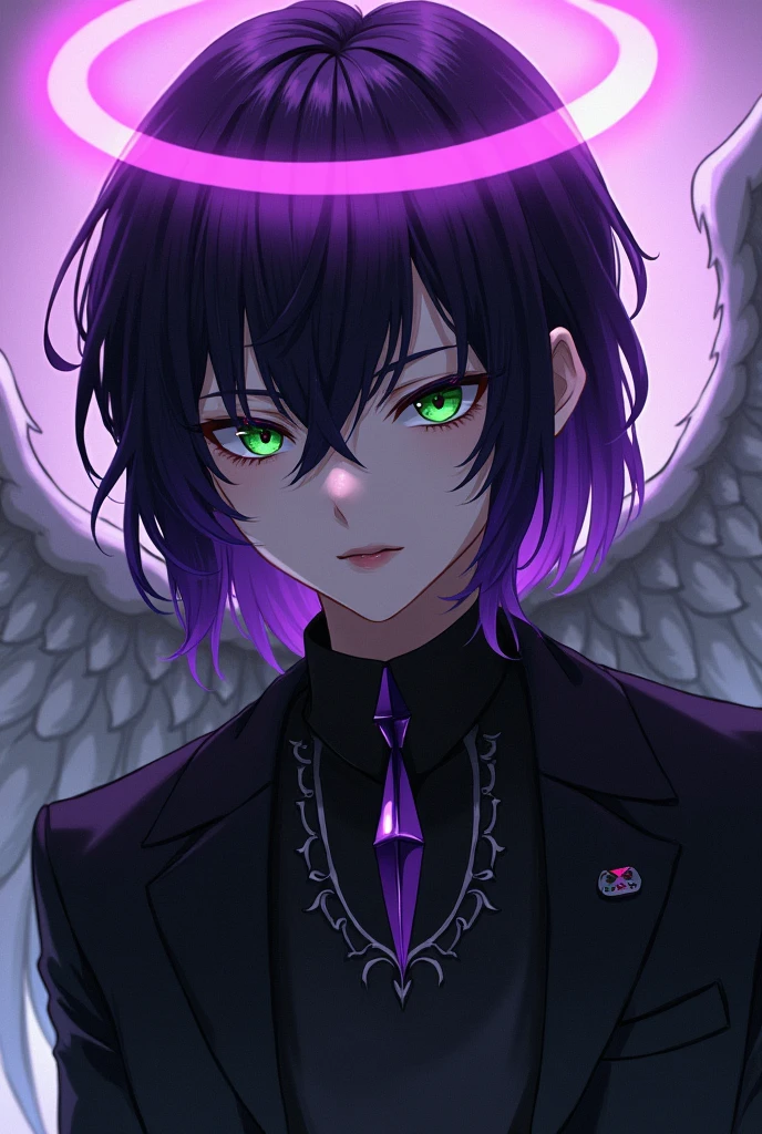 Create a Young Male,black hair with violet tips,medium-length hair,gothic clothes, cold facial expression,green right eye and magenta left eye, black nails, violet halo,angelic wings between white and black and a pair of demonic horns.
realistic anime style.