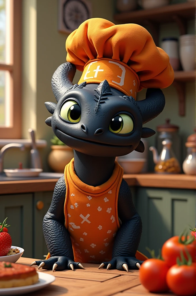 Toothless dragon from the movie Training Your Dragon with a happy chef costume