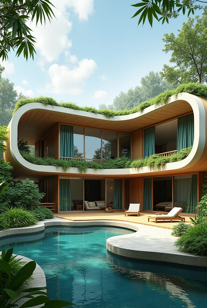 Facade: The main facade could be composed of curved glass panels that reflect the water of the lagoon and the sky..
interior: The interior spaces could be organized around a central courtyard that simulates an interior lagoon..
deck: The cover could be green, with native vegetation, contributing to the improvement of air quality and the reduction of temperature.
Furniture: Furniture with curved lines and natural materials will be used, like wood and wicker.