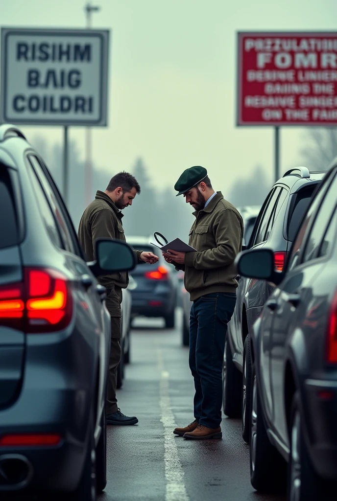 Create an image that illustrates the strict measures taken by customs authorities in Belarus to prevent the underreporting of vehicle values during import. The scene should show a border checkpoint where customs officers are closely inspecting vehicles and paperwork. Include visual elements like documents being scrutinized, vehicles being assessed by a professional appraiser with a magnifying glass, and large signs that highlight the new regulations implemented in August 2024. The background can include a line of cars waiting, with an emphasis on ensuring fair practices. The overall mood should reflect diligence and enforcement.