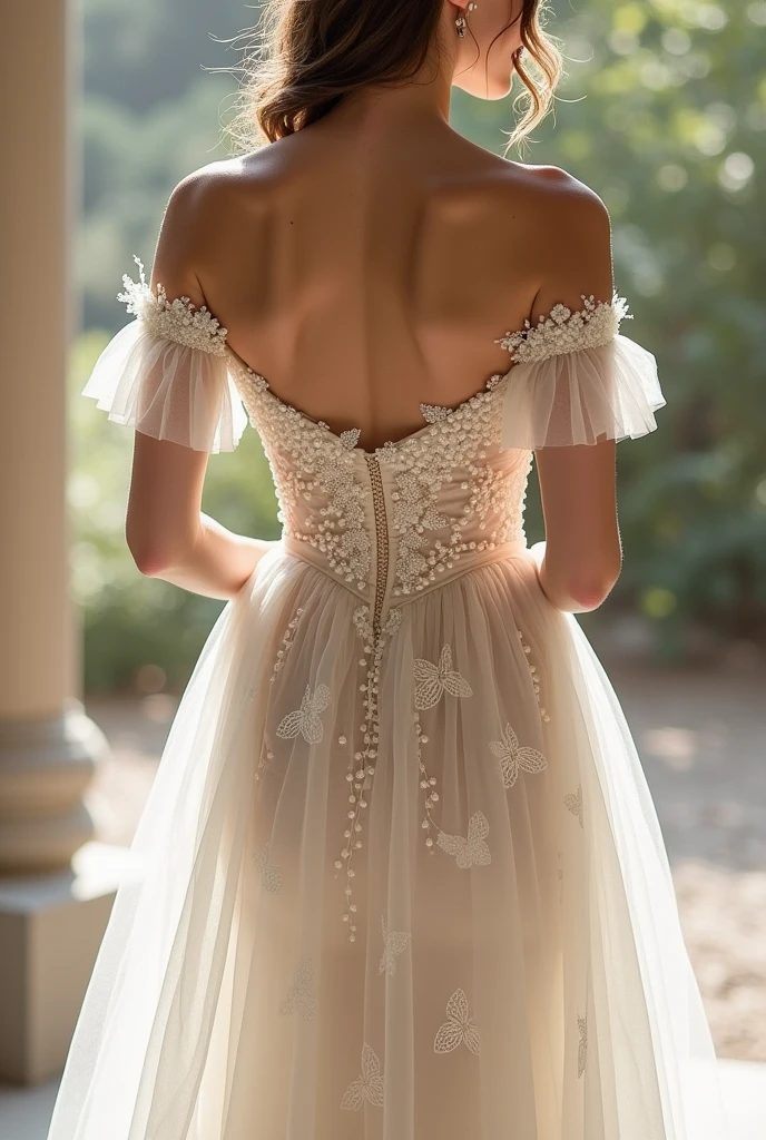 A wedding dress:
Fabric: Silk that enhances your body without being tight, transitioning into netting below the waist.
Fit: The dress shows off your curves while remaining comfortable and not overly tight.
Sleeves: Puff sleeves that are off the shoulders, draping down to the biceps with a trail of netting adorned with pearls hanging from both sleeves.
Neckline: Adorned with pearls, seamlessly integrating into the netting.
Skirt: The silk transitions into netting below the waist, embellished with delicate embroidery of butterflies and pearls.
cover the upper body and don't make the skirt see-through, keep the rest of the dress same and keep the sleeves
make a longer picture show the entire dress
make the neckline less revealing and add embroided butterflies on the skirt
don't make the skirt see-through keep the rest of the dress same
cover up the chest, keep the rest of the dress