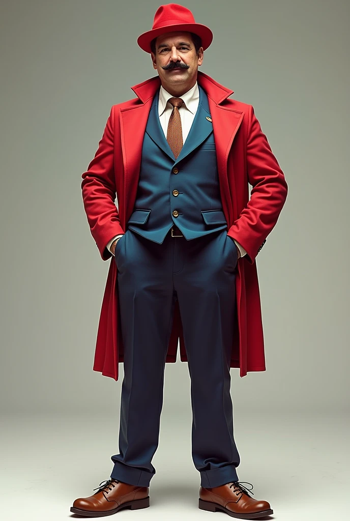 one men, mustachioed, in blue clothes wearing a red jumpsuit and a red hat and brown sneakers