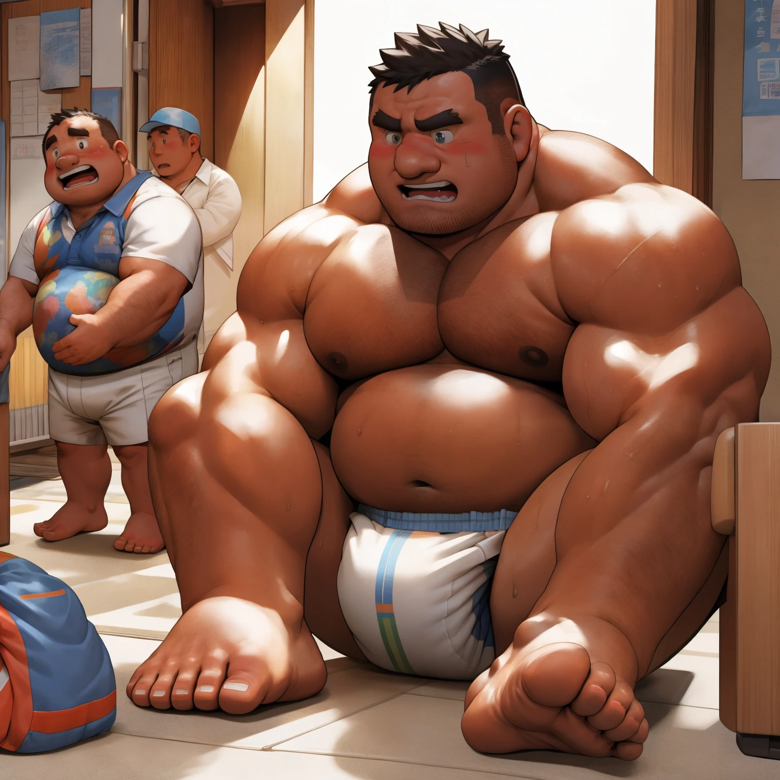 masterpiece, Top quality, in 32K, perfect anatomy, hyper detailed, super fine illustration, The thick man is a brutal retarded prisoner, hairy human, 50yo in Japan, (fatness: 1.0), Fatty muscle, Bowleg, disappointment, incontinent, shy, sissy, Weaker than children, Drool, Round face, be diaper check by children, waddle, There is a small puddle under him, incontinent, Bowleg, spread legs, wear a White cloth Diaper, Bare belly, Bare legs, Bare foots, Bare soles, Shirtless, wide forehead and short thinning hair, Man with round face with stubble, Bare foots, Bare soles, He enters nursery school and is despised by children, He surrounded by children, His bottom is wet, Bare foots, big butt, he is scolded by the children, White Diaper, He surrounded by children, sobbing, wear a White cloth Diaper, shirtless, There is a small puddle under him, He enters nursery school and is despised by children, big butt, sobbing, He crawling to go to children, on all fours, side view