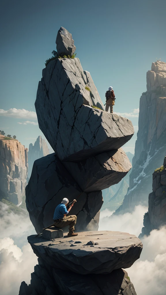 A stonecutter chiseling away at a giant rock, unaware that the rock itself is watching with a look of realization and understanding.