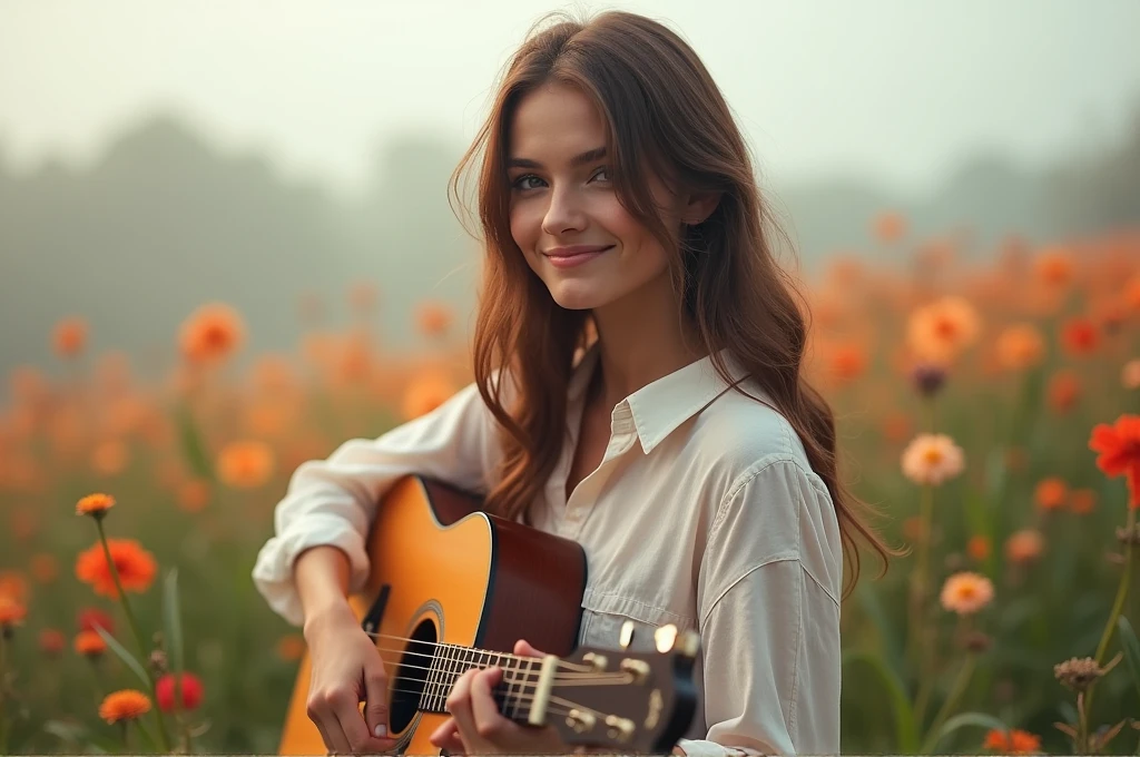fot, taken from a distance that shows the entire body, She is very young, plein-air, in a flower garden, sexy short dress, medium hips, Caucasian skin, sad for a lost love, long brown hair, a softened wry smile - contained excitement, Soft lighting on your face, realistic skin-clothes-hair textures, sky blue eyes carpeted mist, beautiful real textures and delicate aesthetics, full body view, playing guitar, notable for natural feminine beauty, noise, 8 k quality, FOTO RAW, by professional photographer, rule of thirds, Extremely Detailed