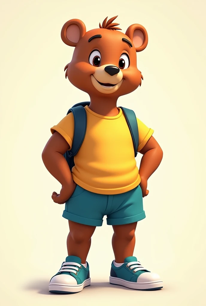cartoon character, disney style, BEAR slim and sporty FULL BODY PROFILE. The bear is sporty and wears sportswear with a T-shirt., shorts and sneakers. high profile that works for a school character, 2D CHARACTER HIGH COMPLEXION 