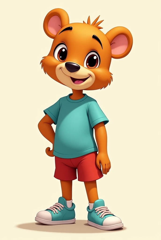 cartoon character, disney style, BEAR slim and sporty FULL BODY PROFILE. The bear is sporty and wears sportswear with a T-shirt., shorts and sneakers. high profile that works for a school character, 2D CHARACTER HIGH COMPLEXION 